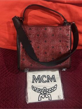 MCM Burgundy and Black Leather Top-Handle with long strap, brand new